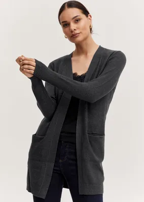 Image de b.young BYNONINA Cardigan long pour femme Cardigan en maille fine Cardigan long avec poches passepoilées Bordures côtelées Coupe décontractée