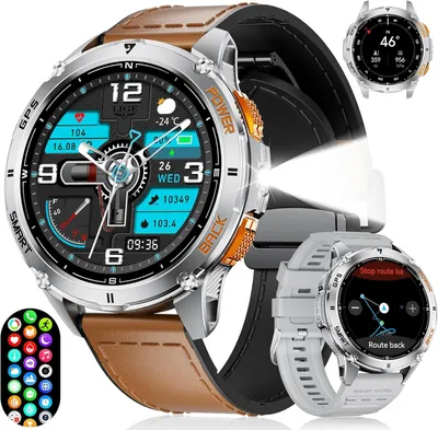 Herren GPS Smartwatch 1,43" AMOLED mit LED-Taschenlampe, Telefonfunktion, 600mAh,170+ Sportmodi, Kompass, Schrittzähler, Schlafmonitor für iOS/Android