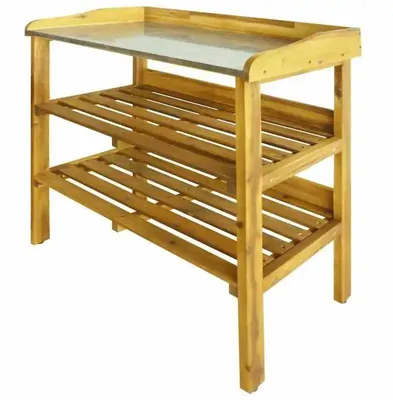 Image de Table de jardin en bois d'acacia, avec 2 étagères, plateau de travail revêtu de zinc, résistante aux intempéries, dimensions : 76 x 37 x 92 cm, couleur : jaune