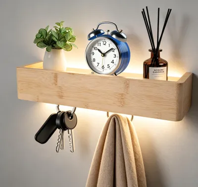 Schlüsselbrett mit Ablage, Holz, 5 Haken, Wandmontage
