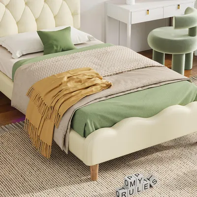 Image de OKWISH it simple 90x200 cm capitonné avec tête de lit ondulée - Blanc