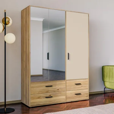 Produktbild von Forte MOKKARO Kleiderschrank 140 150, moderner Drehtürenschrank, 3-türig, 4 Schubladen, Spiegel, Mauvella Eiche Holzdekor|Kaschmir Beige, 144,4 cm breit x 200,1 cm hoch x 52,7 cm tief