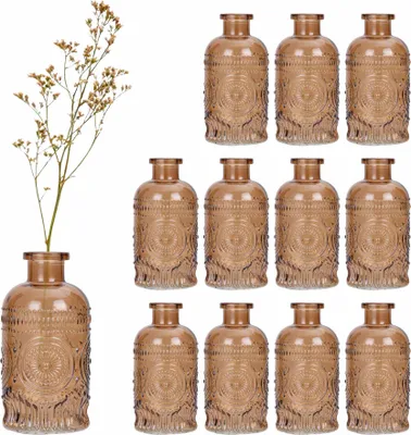 Produktbild von Set mit 12 kleinen Glasvasen mit geprägtem Design