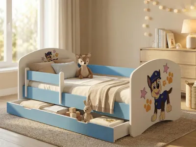 Produktbild von 1x Happy Babies Kinderbett mit Rausfallschutz Junge 160x80 Bett für Kinderzimmer mit Schublade Matratze Einzelbett für Kinder Weiß Blau Hundemotiv