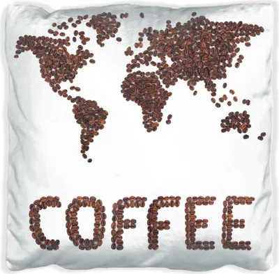 Produktbild von Wallario Premium Kissen, weiche Oberfläche, mit Motiv Weltkarte mit Schriftzug aus Kaffeebohnen, Größe: 60 x 60 cm, mit weißer Rückseite