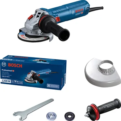 A Bosch angle grinder and its accessories are displayed against a white background, along with its packaging.