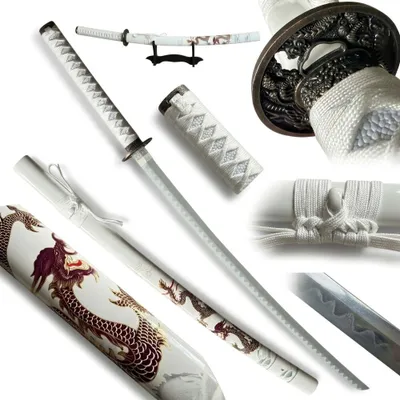 Produktbild von Dekoratives Bambus Katana weiss Drache mit Saya Ständer Anime Cosplay Japan Deko Sammlerstück Geschenk HK1129WD