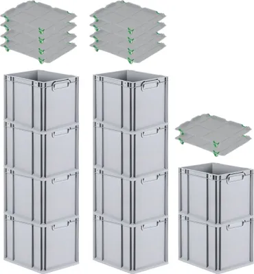 Produktbild von SparSet 10x Eurobox NextGen Grip mit Auflagedeckel inkl. 4 grünen Schiebeschnappverschlüssen | HxBxT 32x30x40cm | 30 Liter | Grau | Griffe geschlossen | Glatter Boden | Eurobehälter, Transportbox, Transportbehälter, Stapelbehälter