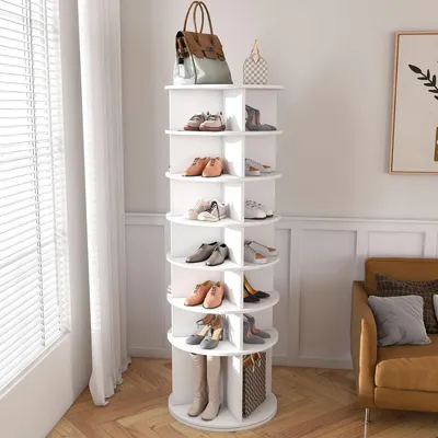 Produktbild von Drehbares Schuhregal 7 Ebenen, 360°, Stiefelfach, 28 Paar, Weiß, 184 cm