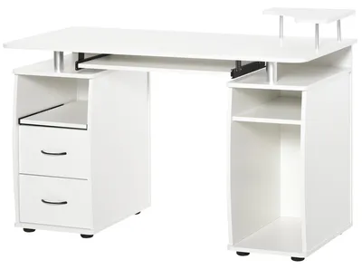 Produktbild von Schreibtisch mit Ablagen, Computertisch mit 2 Schubladen, Tastaturablage, Monitorst?nder, 120 x 55 x 85 cm, Wei?