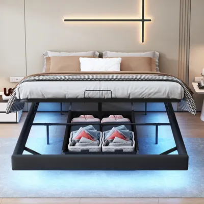 Image de CDGlobal Lits tapissiers Lit 160x200 cm avec éclairage LED Cadre de lit 160x200 avec sommier à lattes en métal Cadre de lit flottant pour adultes avec lumière-Robuste et stable,Montage facile,Noir