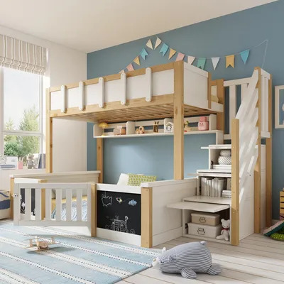 Produktbild von MODFU Etagenbett Jugendbett 90/140x200 Kinderbett mit Stauraum-Treppe, Stockbett Hochbett mit Kreidetafel und Gittertür, Weiß/Natur (Ohne Matratze)