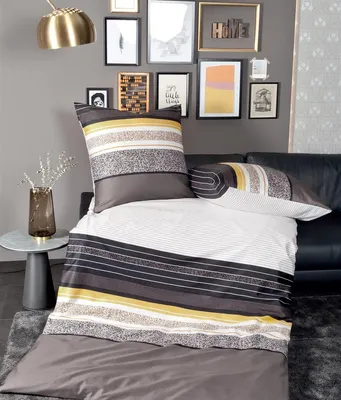 Produktbild von Janine Mako Satin Bettwäsche 3 teilig Bettbezug 240 x 220 cm Kopfkissenbezug 80 x 80 cm J. D. 87046-03 gelbgold braun schwarz