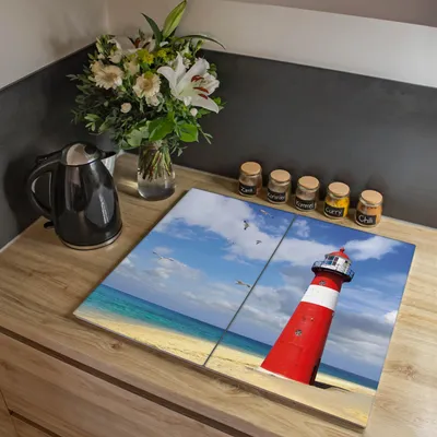 Produktbild von banjado Herdabdeckplatte zweiteilig je 30x52cm groß mit Gummi Abstandshalter, ESG Sicherheitsglas mit Motiv Leuchtturm Westkapelle [HAP2 11244]