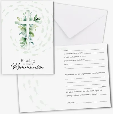 Produktbild von younikat Einladungskarten Kommunion I 15 Stück I DIN A6 zum Ausfüllen mit Lückentext I inkl. Umschlägen I Klappkarte Eukalyptus Fische Kreuz I aus stabilem 350 g/m² Papier I dv1560