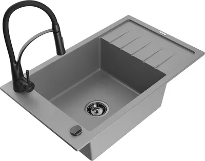 Produktbild von Mexen Elias 1 Becken-Granitspüle mit Abtropffläche und Mischbatterie Aster, Grau - 6511-71-73450-70-B