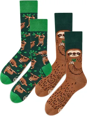 Two pairs of socks with sloth designs are displayed side-by-side against a white background.