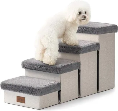 Produktbild von Famanu Hundetreppe für kleine Hunde und Katzen mit Stauraum und verstellbaren Stufen - 4-stufig grau