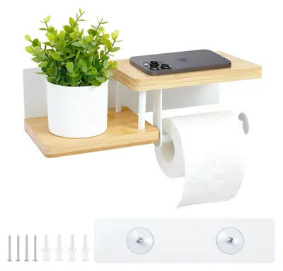 Immagine prodotto di Omgoods - Porta carta igienica in bambù con ripiano, ideale per bagno e cucina