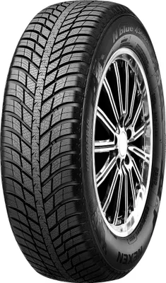 A close-up studio shot of a Nexen N Blue 4Season tire mounted on a silver alloy wheel, presented against a white background.