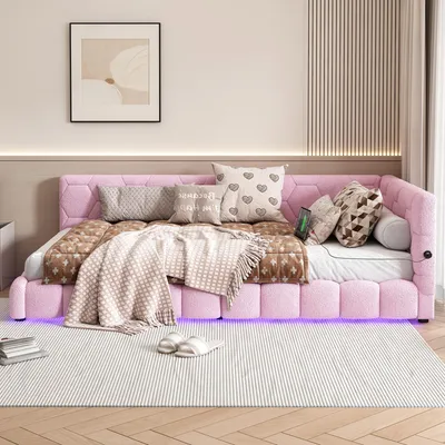 Produktbild von MODFU Tagesbett Polsterbett 90x200cm mit LED und USB-Anschluss, Schlafsofa mit Lattenrost aus Stoff, Rosa(Ohne Matrtze)
