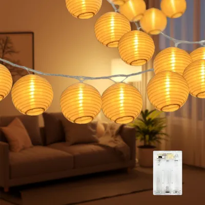LED-Lampionkette 7 m, 20 warmweiße LEDs, Timer, IP44, batteriebetrieben