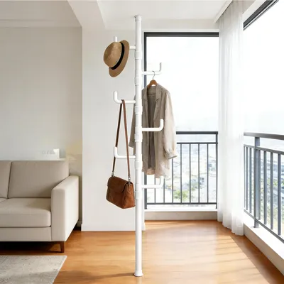 Produktbild von Teleskop Garderobenständer ausziehbar 6 Haken 100-310cm Teleskop Kleiderständer, platzsparend Metall, Schlafzimmer Balkon Flurgarderobe Badezimmer