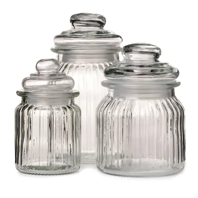 Produktbild von 3-tlg. Set Vorratsgläser mit Deckel aus Glas in geriffelter Form - H 18 cm + H 14 cm + H 13 cm - Aufbewahrungsgläser - Vorratsglas Set - Bonbonieren
