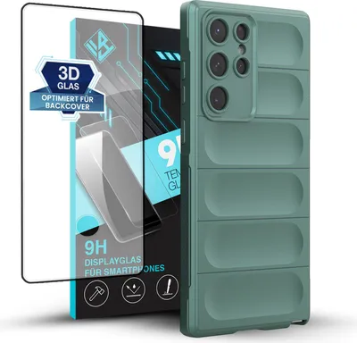 Produktbild von Handy Hülle für Samsung Galaxy S22 Ultra mit 9H Displayglas Displayschutz Plus Grip Case Cover Schutzhülle Softgrip Farbe: Grün