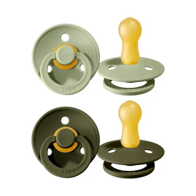 Produktbild von BIBS Colour Schnuller 2er-Pack, BPA-frei, Kirschform Nippel. Naturkautschuk / Latex, Hergestellt in Dänemark. Größe 3 (18+ Monate), Sage / Hunter Green