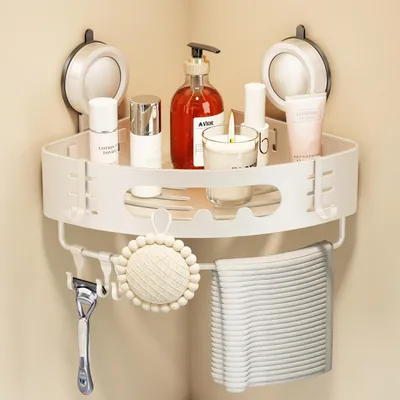 Image de Étagère d'angle pour douche, sans perçage, avec ventouse, en métal, de couleur blanche, 1 pièce