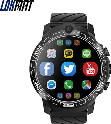 A black smartwatch with a circular screen displaying various app icons.