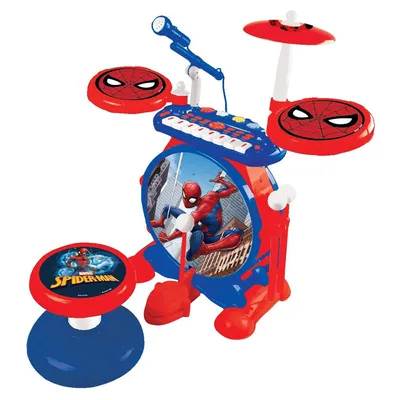 A Spider-Man themed electronic drum set with a keyboard, cymbal, and stool, presented against a white background.