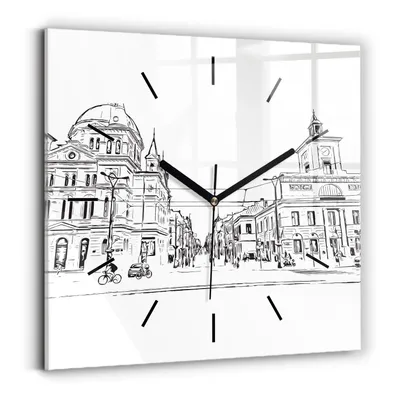 Obrázok produktu pre Wallfluent Hodiny - Sklenené Nástenné Hodiny - Tichý Quartz Strojček - Nástenná Dekorácia Spálňa Kuchyň - Čierna Ruky - 30x30 cm - Ilustrácia mesta Poznan