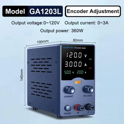 Zdjęcie produktu dla Zasilacz laboratoryjny DC – regulowane napięcie – 0–120V, 0–3A – pojedynczy wyjście – złącze USB – wyświetlacz cyfrowy