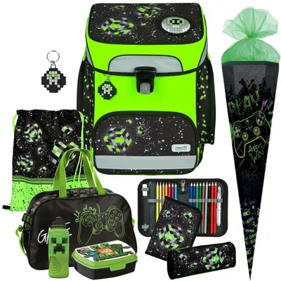 Produktbild von Scooli Schulranzen Jungen 1.Klasse EasyFit 9tlg. Set passend dazu Sporttasche Brotdose Trinkflasche Schultüte N, Space Robot - Pixel - Glow Edition