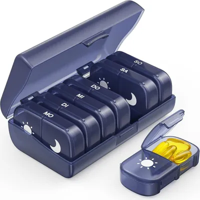 Produktbild von AUVON Tablettenbox 7 Tage Morgens Abends Pillendose 2 Fächer hosentasche dunkelblau