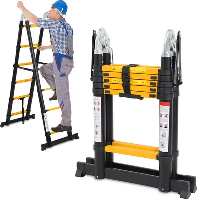 Produktbild von Clanmacy Teleskopleiter Alu Leichtgewicht Rutschfester 2,5m + 2,5m schwarz Multifunktionsleiter Mehrzweckleiter Ausziehbare Leiter 15 Stufe Stehleiter aus Hochwertigem Aluminium Belastbarkeit 150KG