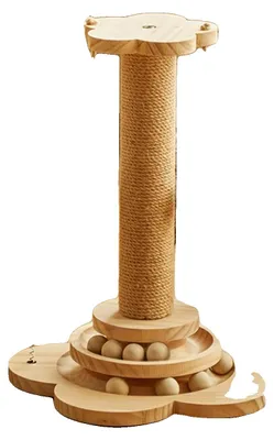Obrázok produktu pre Škrabadlo pre mačky, drevené, výška 46 cm, 2 poschodia, horizontálna preliezka, obsahuje 2 guľôčky