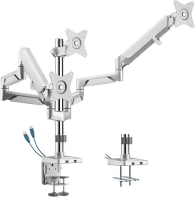 Produktbild von Gasdruckfederhalterung für 3 Monitore, silber mit zwei USB-Anschlüssen, VESA-Standard, Monitore 17"-27"", HDWR SolidHand-BG03SU