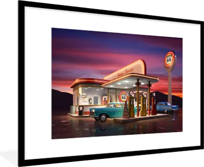 Produktbild von MuchoWow® MuchoWow® Gerahmtes Poster Tankstelle - Auto - Oldtimer 90x60 cm - Poster mit zchwarzem Bilderrahmen - Wanddekoration - Fotos