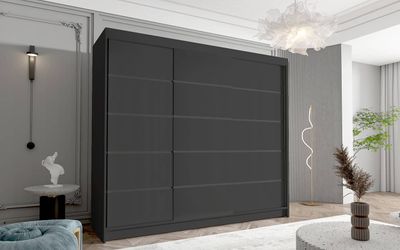 Schwebetürenschrank 3-türig Schrank 250 cm mit Regalen Moderne Kleiderschrank  Garderobe für Kleidung  Modell DASTO VII SCHWARZ