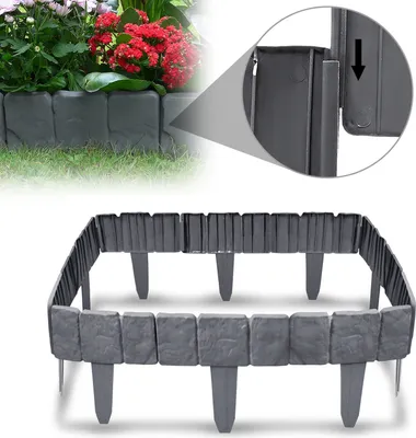 A garden border made of interlocking plastic elements designed to look like stone, shown both in a garden setting and as a standalone product.