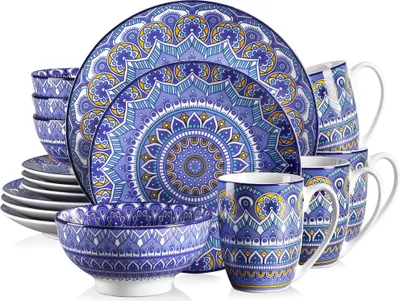 Image de Service de table en porcelaine Vancasso, service de table combiné Mandala 16 pièces, service de table peint à la main pour 4 personnes, style bohémien