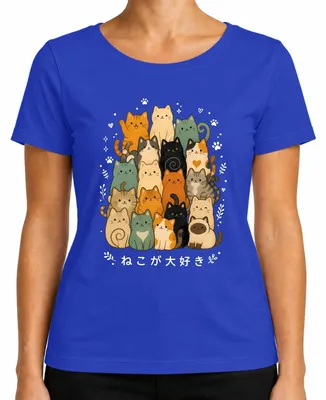 Obrázok produktu pre Tričko s motívom mačiek, štýl "kawaii", anime, Japonsko, obdobie Y2K, s obrázkom mačiek, modrej farby, veľkosť M