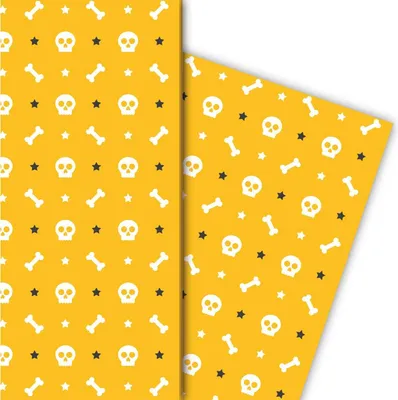 Produktbild von Cooles Halloween Geschenkpapier mit Totenköpfen und Knochen auf gelb - G5205, 32 x 48cm