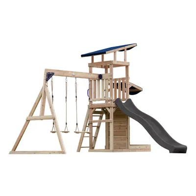 Produktbild von AXI Malik Spielturm aus Holz mit 2 Schaukeln | XXL Spielhaus / Spielplatz für Kinder mit Sandkasten, Spielwand & Rutsche in Grau | Schaukelgerüst für den Garten