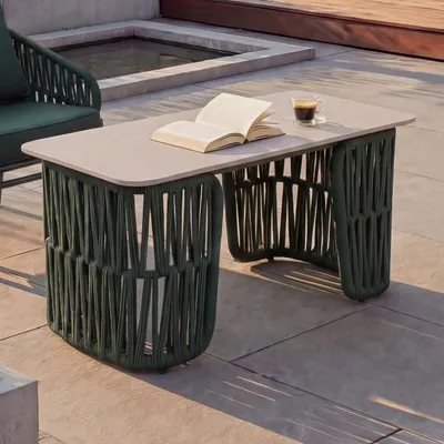 Produktbild von Loungetisch HWC-P90, Gartentisch Balkontisch Outdoor, Seilgeflecht Rope Sinterstein 43x90x45cm  grün, Platte creme