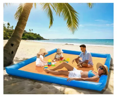 Produktbild von Sandfreie Stranddecke 210 x 200 cm, Wasserdichte Picknickdecke, Aufblasbare und Klappbare Strandmatte mit 4 Befestigungsecken, 1 Transportbeutel und 1 Spannseil für Familie, Camping, Strand, Park, Garten