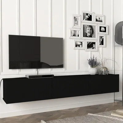 Image de Meuble TV suspendu – 180 x 31 x 29,5 cm – Noir – 3 compartiments de rangement – Meuble multimédia